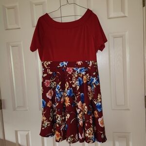 Red Short Sleeve Midi Dress with Floral Skirt